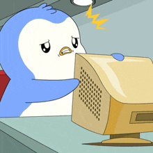 Animated cartoon of a frustrated penguin smashing a computer
